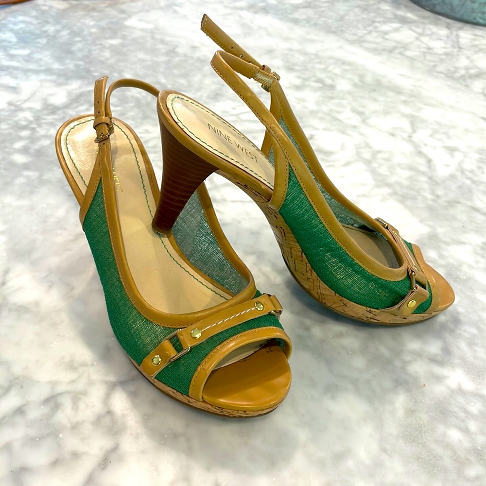 Nine West Green and Tan Slingback Peep-Toe Heels